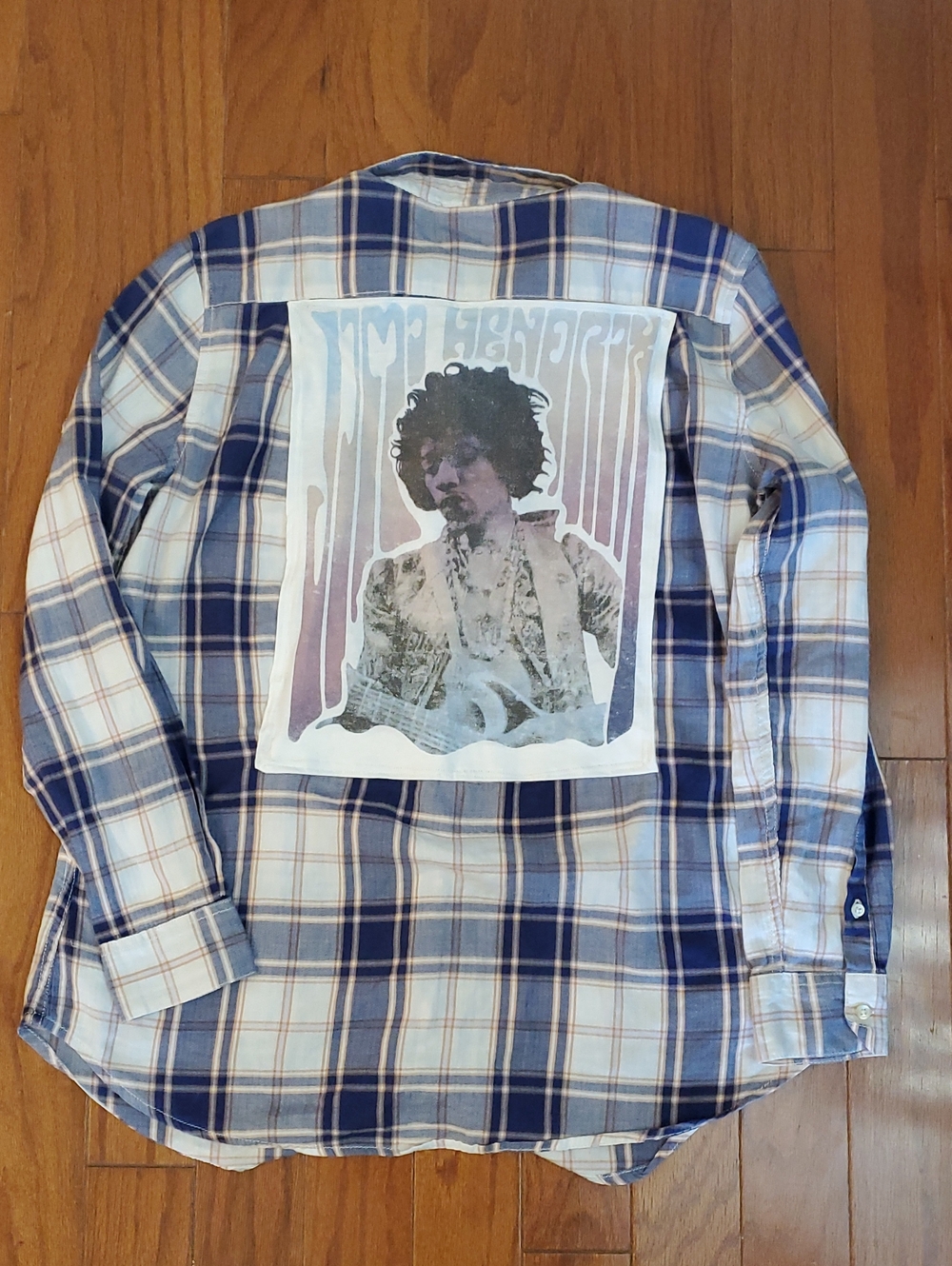 Jimi Hendrix Women's L Upcycled Shirt Blue Plaid Distressed Lightweight